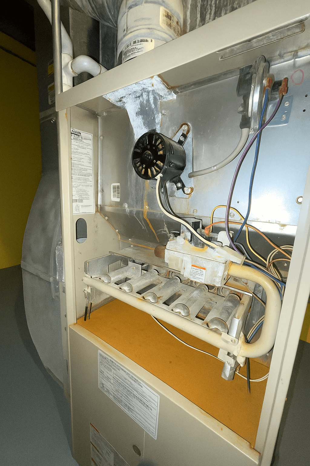 Example of close-up furnace photo showing model label, control panel, and important details for diagnosis